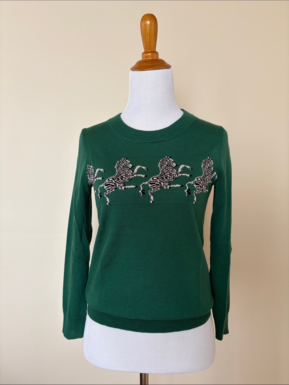 J. Crew Forest Green Merino Crewneck Sweater with Zebra Horse Motif